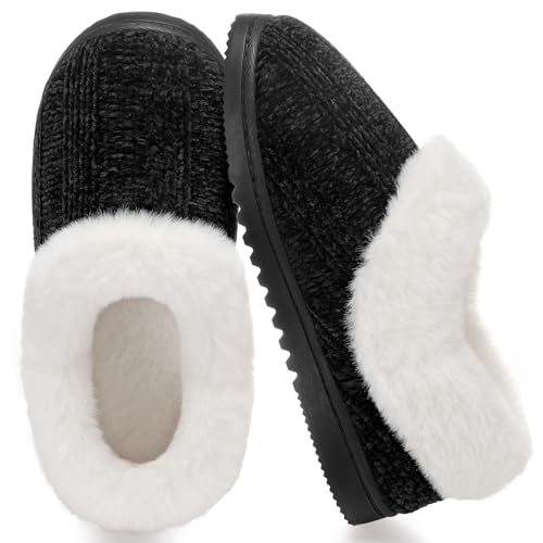 ATHMILE Fuzzy Fluffy Slippers for Women Memory Foam Knit Womens Slippers Non-Slip Bedroom Indoor Outdoor House slippers Shoes for Woman Closed Back Black Size 6.5-7.5