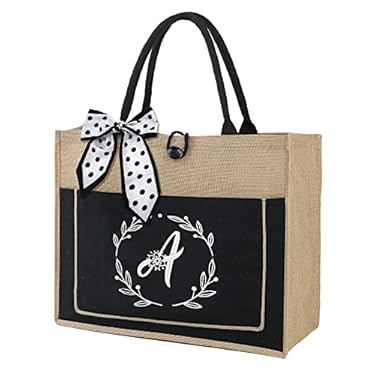 AMAZON - BeeGreen Initial Jute Beach Tote Bag with Canvas Front Pocket & Ribbons 20” x 16” x 7.25” Embroidery Birthday Gifts for Women with Pocket Personalized Gifts for Mom Teacher Mother Burlap Bags A