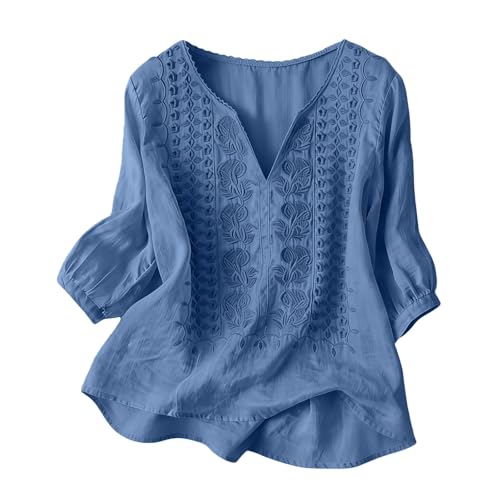 Cotton Linen Tops for Women 3/4 Sleeve Shirts Embroidered Bohemian Gauze Blouses 2026 Casual Summer Vintage Boho Tees Blusas De Lino para Mujer Elegantes(Navy, XXXL)