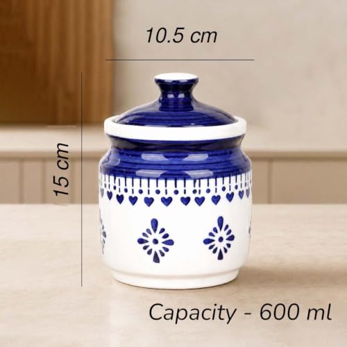 Image of The Earth Store Blue Drape Pickle Jar Set of 1 - 600ML Ceramic Jar for Kitchen Storage | Microwave & Dishwasher Safe Achar Container | Pickle, Salt & Spice Storage Jar | Barni Jar