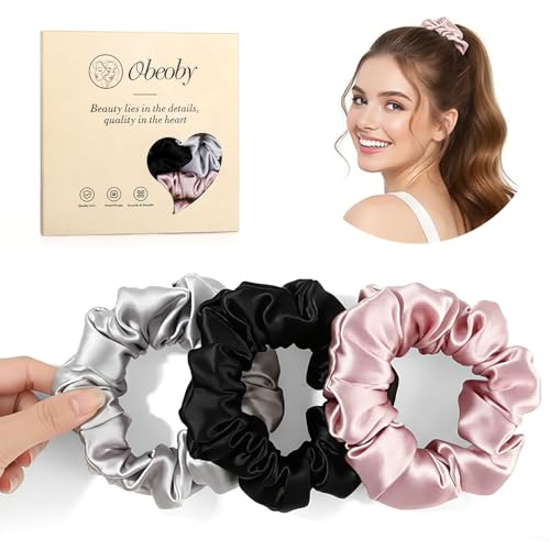 100% 30 Momme Mulberry Silk Scrunchies Stocking Stuffers for Teen Girls, 3Pcs Silk Hair Ties for Sleep, Frizz & Breakage Prevention