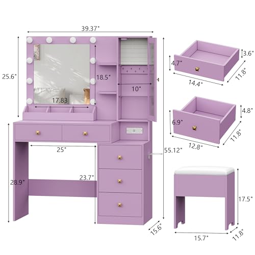 Image of Vanity Desk with Mirror and Lights, Purple Makeup Vanity with 5 Drawers Hidden Jewelry Organizer& LED Glass Cabinet,3 Light Mode and Brightness Adjusted,Vanities Mirror with Lights Desk and Chair
