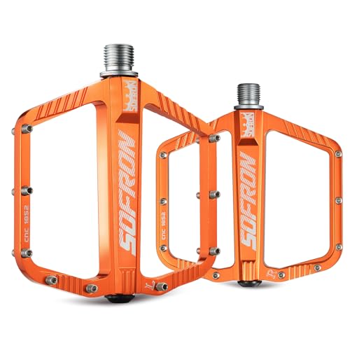 SOFRON MTB Bike Pedals, Lightweight Mountain Bicycle Pedals for BMX/Road Bikes -Universal Aluminum Alloy Large Platform Pedal, Orange