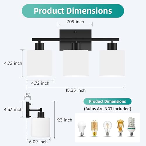 Image of CANMEIJIA 3-Light Bathroom Vanity Light Fixtures, Matte Black Vanity Wall Scones Lighting for Bedroom Living Room, Modern Vanity Lights with Milky White Glass Shades, E26 Socket, Bulbs Not Included