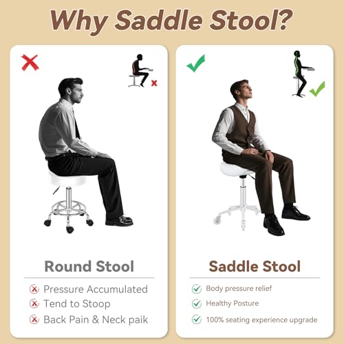 Image of Saddle Stool Heavy Duty 400lbs - Ergonomic Thick Saddle Seat Cushion, Easy Height Adjustable, Healthy Posture No Pain, Smooth Rolling No Creaky Noises, Rolling Saddle Stool Chair with Wheels (White2)