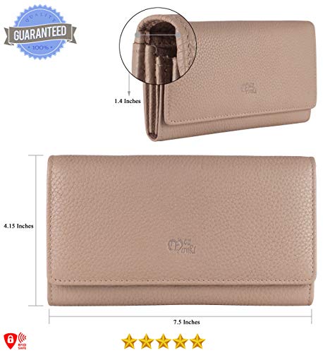 Image of Women's Top Grain Leather Wallet, RFID Blocking Bifold clutch, 17 Card Slots, Zip Pocket Organizer, Elegant Gift for Women - Birthday, Valentine, Anniversary - OFF WHITE