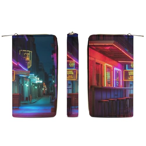Bars Neon Lights Print Long Wallet for Women Men PU Leather Card Holder Organizer with Zipper Coin Pocket & Cash Slots3