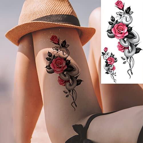 Briyhose 10 Sheet Rose Flower Realistic Temporary Tattoos For Women Arm Thigh, Large Sexy Snake Lion Butterfly Floral Fake Tattoos Stickers Adult Girl, Mix Color Long Lasting Temp Tatoo Leg Chest Waist Body Art #TOP2
