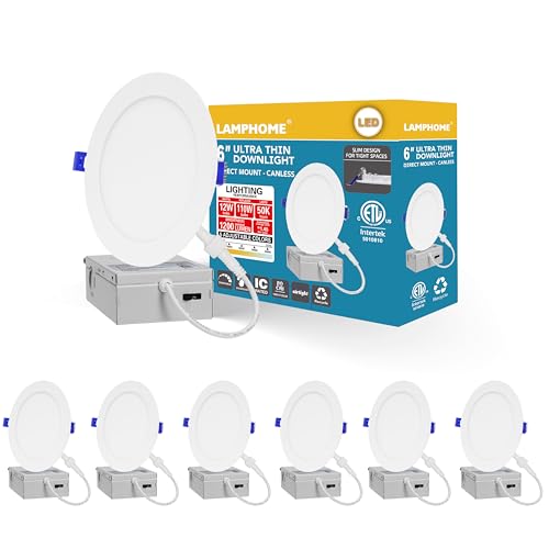 LAMPHOME 6-Pack of 6-Inch Slim LED Recessed Lights with Junction Box, Adjustable Color Temperatures (2700K-5000K), 12W Equivalent to 110W, Dimmable, 1050LM Brightness - ETL and Energy Star Certified