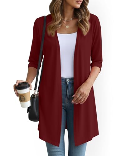 Image of YSYOKOW Womens Open Front Long Cardigan 3 /4 Sleeve Lightweight Knit Cardigan Casual Layering Spring Summer