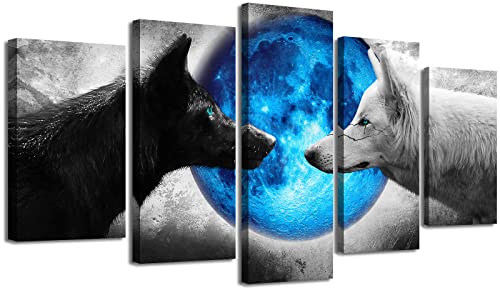 Djsylife Wolf Canvas Wall Art Black And Grey Wolf Decor Modern Artwork Wildlife Animal Painting For Mens Bedroom Boys Room Decorations 40" W X 22" H 5 Pieces #TOP17