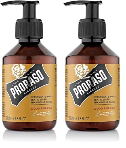 Proraso Champú barba Wood & Spice, 200 ml, champú hidratante profesional para el cuidado barba hombre que elimina las impurezas y limpia eficazmente (Paquete de 2)