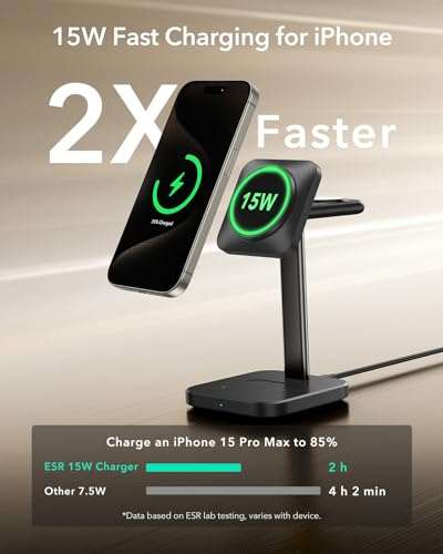 Image of ESR 3 in 1 Wireless Charging Station, [Certified] Apple Watch Charger & 15W MagSafe Charger Stand for iPhone, Wireless Charger for Multiple Devices iPhone 17-12&Watch&AirPods,Black