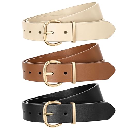 JASGOOD 3 Pack Women Leather Belt for Jeans Pants Gold Buckle Casual Waist Dresses Belt for Ladies