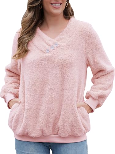 Achinel Sweat en polaire pour femme avec col en V pour l'automne et l'hiver - Pull chaud décontracté et confortable avec poches, rose, XXL