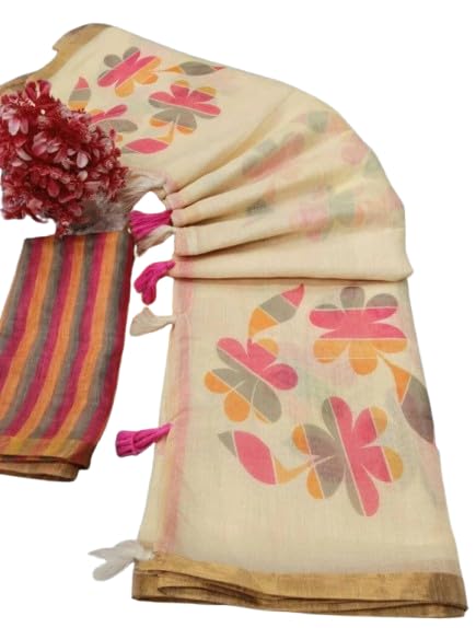 Image of Women's Linen Cotton Blend Saree Multicolor Ikat Brush Print Scalloped Border with Floral Print Unstitched Blouse Piece