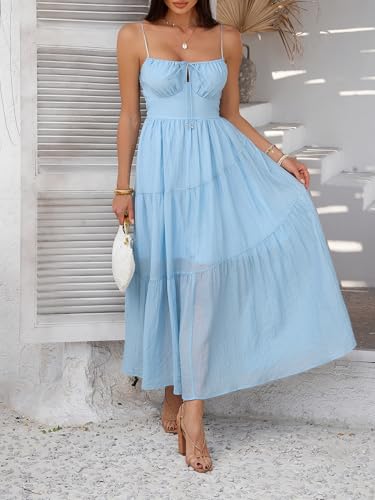 Image of Sumleno Summer Spring Dresses for Women 2026 Corset Spaghetti Strap Flowy Maxi Dress Vacation Beach Wedding Guest Outfits