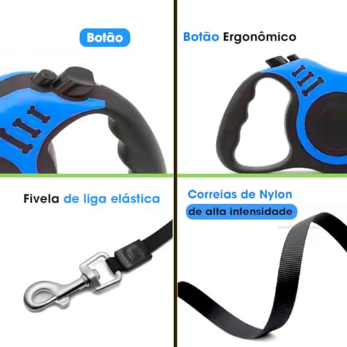 Guia Retrátil Para Cães, Gatos, Resistente 3 Metros Azul