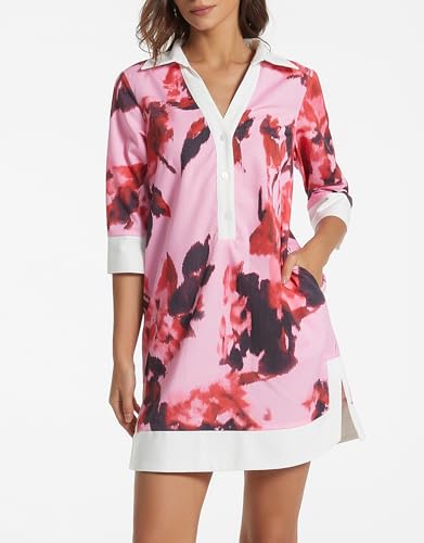 Image of Kedera Women Button Shirt Dress V Neck Short Sleeves Summer Casual Work Shift Tunic Dress with Pockets