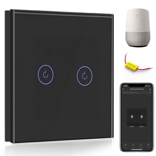 BSEED Interruttore WIFI, Interruttore Smart 2 Gang Compatibile con Alexa e Google Home, Interruttori Luci in Vetro con Controllo SmartLife APP e Funzione di Temporizzazione, Nero(NON Linea Neutra)