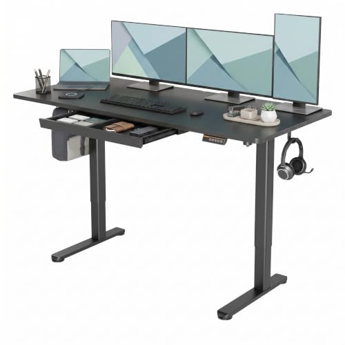 Image of Claiks Electric Height Adjustable Standing Desk with Drawers, 63 x 24 Inch Sit Stand Desk for Home Office, Computer Desk Workstation,Black
