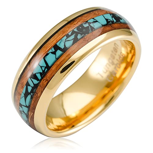 100S JEWELRY Gold Tungsten Rings For Men Turquoise & Whiskey Barrel Wood Grain Inlay Wedding Promise Engagement Band Size 6-16 (Custom Text Engraving, 12)