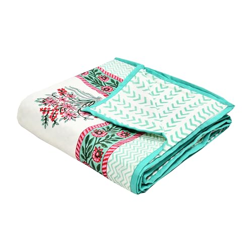 Image of BLOCKS OF INDIA Hand Block Printed Cotton Single Size Reversible Malmal Dohar for Summer (Green Pink GAMLA)