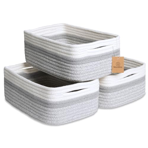 Image of NaturalCozy 11.8"x8"x4.5” Storage Baskets for Shelves 3 Pack | Cotton Rope Woven Small Baskets for Organizing | Small Storage Bins for Nursery, Bathroom, Closet, Cube Shelf, Decorative, Gift Basket