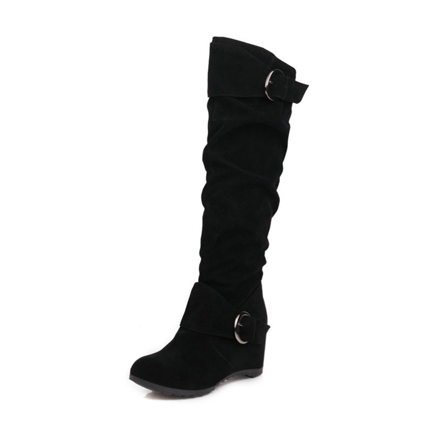 Womens Suede Knee High Boots Wide Calf Fashion Fall Winter Slouchy Hidden Wedge Boots with Buckle