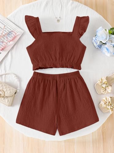 Image of Girls Summer Outfits Textured Botton Front Flutter Sleeve Shirt Ruffle Hem Crop Top and Solid Shorts Sets Rust Red 13-14 Years
