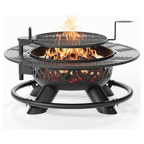 OLYMPIA OUTDOORS 47 Inch Heavy Duty Steel Fire Pit with Grill, Large Outdoor Fire Pits for Outside Wood Burning, BBQ