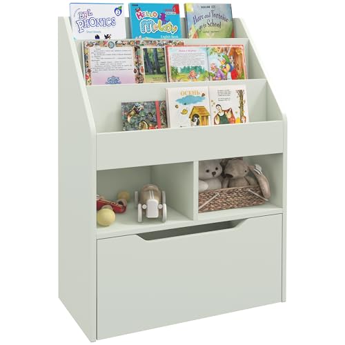 HOMCOM Estantería Infantil de Madera con 3 Compartimentos 2 Cubos y Cajón Móvil con 4 Ruedas Librería Infantil para Habitación de Niños Sala de Juegos 60x29,9x90 cm Verde