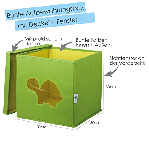 LOVE IT STORE IT Spielzeugbox mit Deckel - Aufbewahrungsbox aus Stoff - Verstärkt mit Karton - Quadratisch - Grün mit Schildkröte - 30x30x30 cm