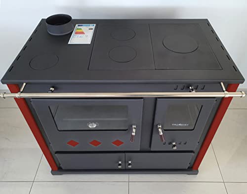 Foto von Kaminofen mit Backfach und Herdplatte Pracktik Lux Rot LINKS Holzofen 9,5 kW Kamin Ofen Dauerbrandofen Werkstattofen Schwedenofen Hüttenofen Heizofen