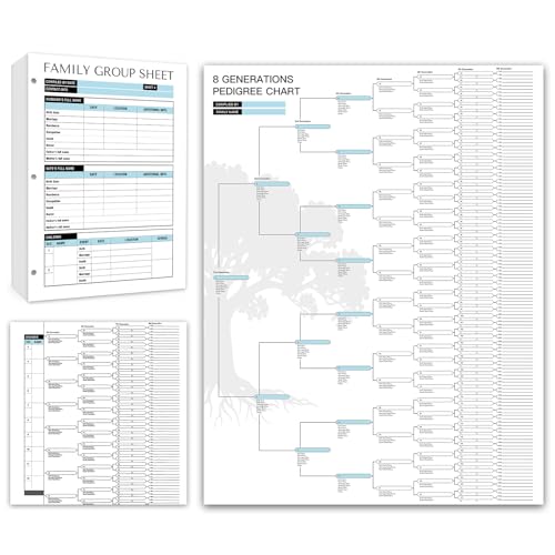 16 Family Tree Charts to Fill In, with 50 Family Group Sheets 8th Generation Genealogy Worksheets Family Tree Diagrams Genealogy Supplies for Ancestry and Family History Organizer, Blue-White
