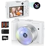 4K Digital Camera for Photography, 64MP Autofocus Vlogging Camera for YouTube with Front Rear Lens, Compact Travel Point and Shoot Camera with Flash, 16X Zoom, Anti-Shake, 32GB Card, 2 Batteries-White