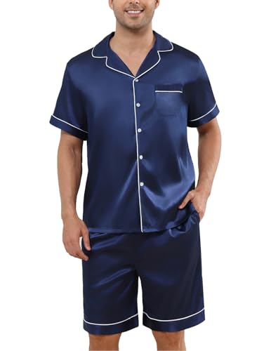 Image of Veseacky Mens Silk Satin Pajamas Set Short Sleeve Sleepwear Button-Down Pjs Sets Two-Pieces Loungewear with Pockets S-XXL