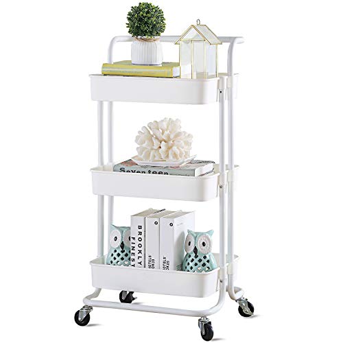VSADEY 3 Tier Rolling Utility Cart with Wheels and Handle, Heavy Duty Mobile Kitchen Storage Cart Craft Cart Storage Trolley for Kitchen, Bathroom, Office Organization, Easy Assembly (White)
