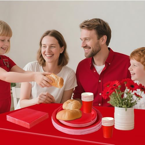 69Pcs Red Party Tableware Plastic Table Cloth Cover,Paper Plates,Napkins and Cups for Christmas Parties Supplies,Red Party Table Decorations Dinnerware Set for Kids Adults Birthday,Xmas Parties - Image 4