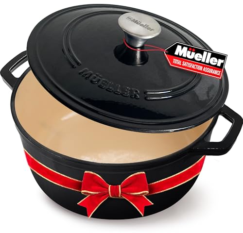 MUELLER HOME 6 Quart Enameled Cast Iron Pot Dutch Oven, Heavy-Duty Oven-Safe up to 500° F, & Across All Cooktops, Casserole Dishes for Ovens, Bread Pan with Lid and Knob, Cast Iron Cookware, Black