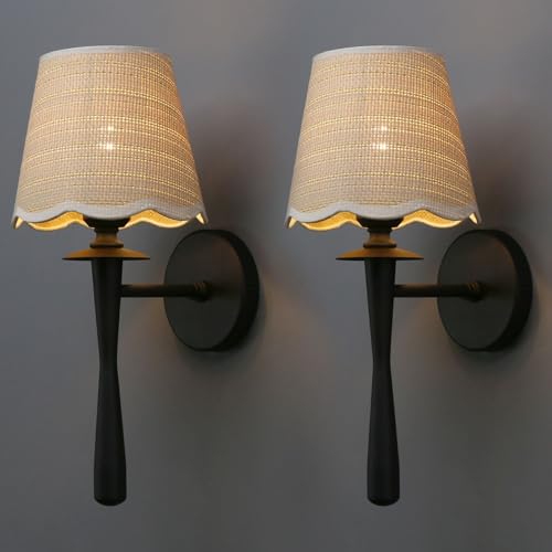 Yosoan Rattan Hand-Woven Wrapped Yellow Vine Shade Wall Sconces Set of 2, 100% Natural Materials Farmhouse Vanity Vintage Indoor Hardwired Wall Mounted for Bedroom Hallway Kitchen (Black)