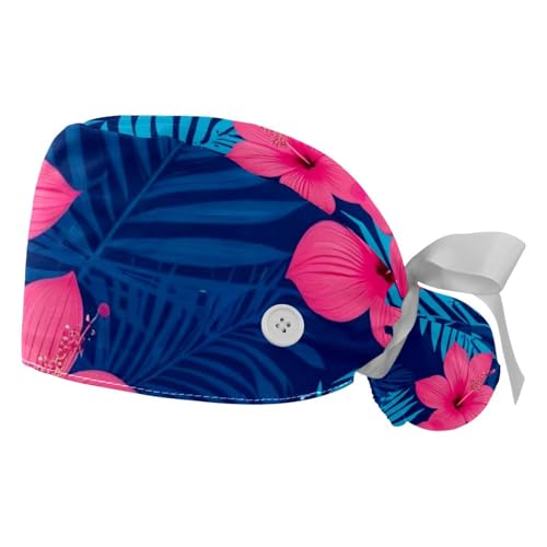 FQURFHY 2 Packed，Tropical flowers palm leaves，Scrub caps women,Scrub caps women ponytail,Surgical scrub cap,for beauty salon