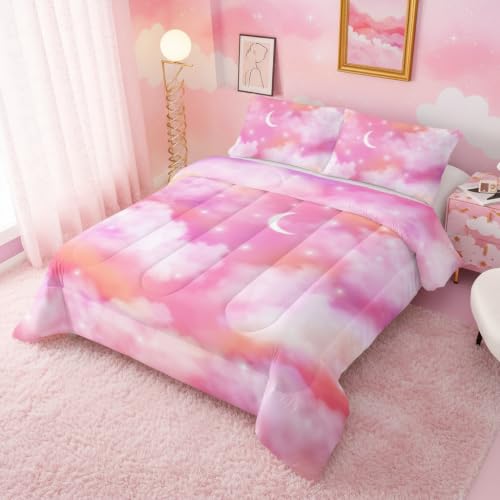 Image of QOOMO Pink Cloud Comforter Set, Rainbow Star Sky Duvet Set Bedding Set Twin Size for Girls Boys with 2 Pillow Shams Lightweight Microfiber for All Seasons