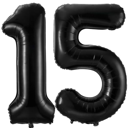 Black 15 Balloon Number,40 Inch Number 15 Balloon Large Black Foil Mylar Helium Balloons for Birthday Party Decorations