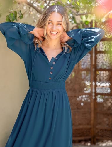 Sunny Spirit Women's Floral Boho Midi Dress 2025 Spring Fall Long Sleeve V Neck Chiffon A-Line Flowy Party Dresses4