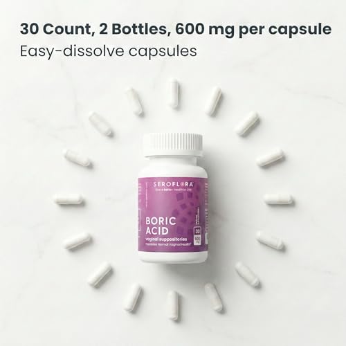 Image of Seroflora Boric Acid Vaginal Suppositories 600mg - 60 Count (30ct, 2 Bottles) Odor Control, Feminine pH Balance & Daily Freshness - Clean Holistic Hygiene for Women - Made in USA