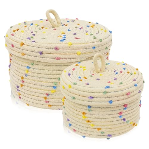 WANDGU Cesta de almacenamiento de 2 piezas: cesta de almacenamiento, cesta trenzada con tapa, cesta de almacenamiento de cuerda de algodón, caja de almacenamiento trenzada de cuerda de algodón, kor b