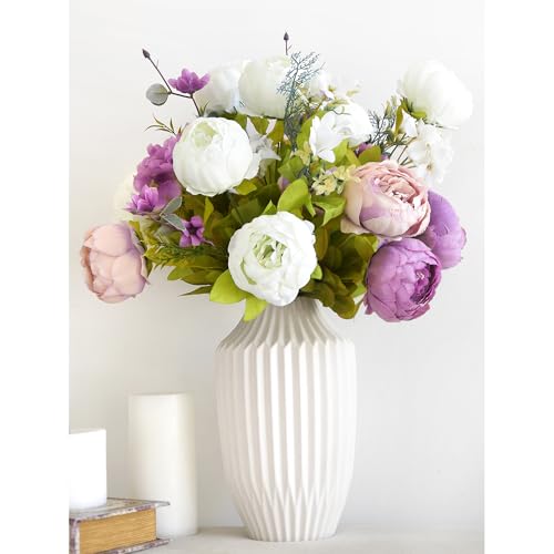 Image of FiveSeasonStuff Artificial Peonies Bouquet - Set of 2 Whimsical Lavender Bliss Silk Flowers, Purple and White Blooms, Multiple Stems per Main Stem, for Weddings, Home Decor, DIY Floral Arrangements