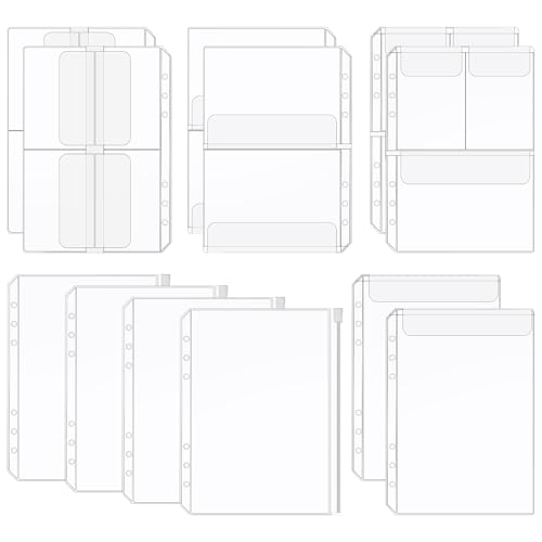 DOPENSPI 12 Stück Prospekthüllen A5 Größe, 6 Löcher Binder Wasserdicht Transparent Prospekthüllen, lose Blatttaschen, Umschläge für die Budgetplanung, Einstecktaschen, Fotodokumente, Stempel