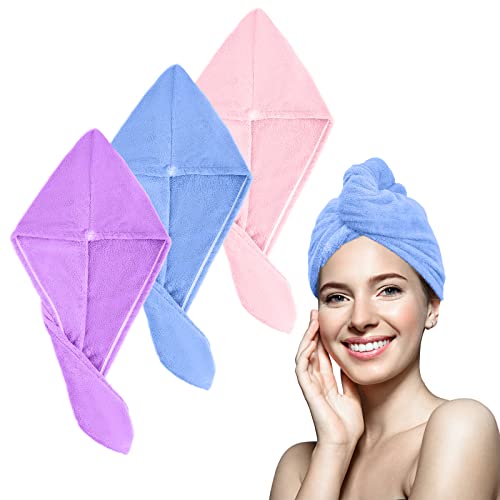 AKHTART 3 Pack Microfiber Hair Towel, Excellent Water Absorption Wrap, Rapid Drying Towel Soft and Comfortable Turbans for Women Girls Long, Curly, Thick (Purple, Blue, Pink)